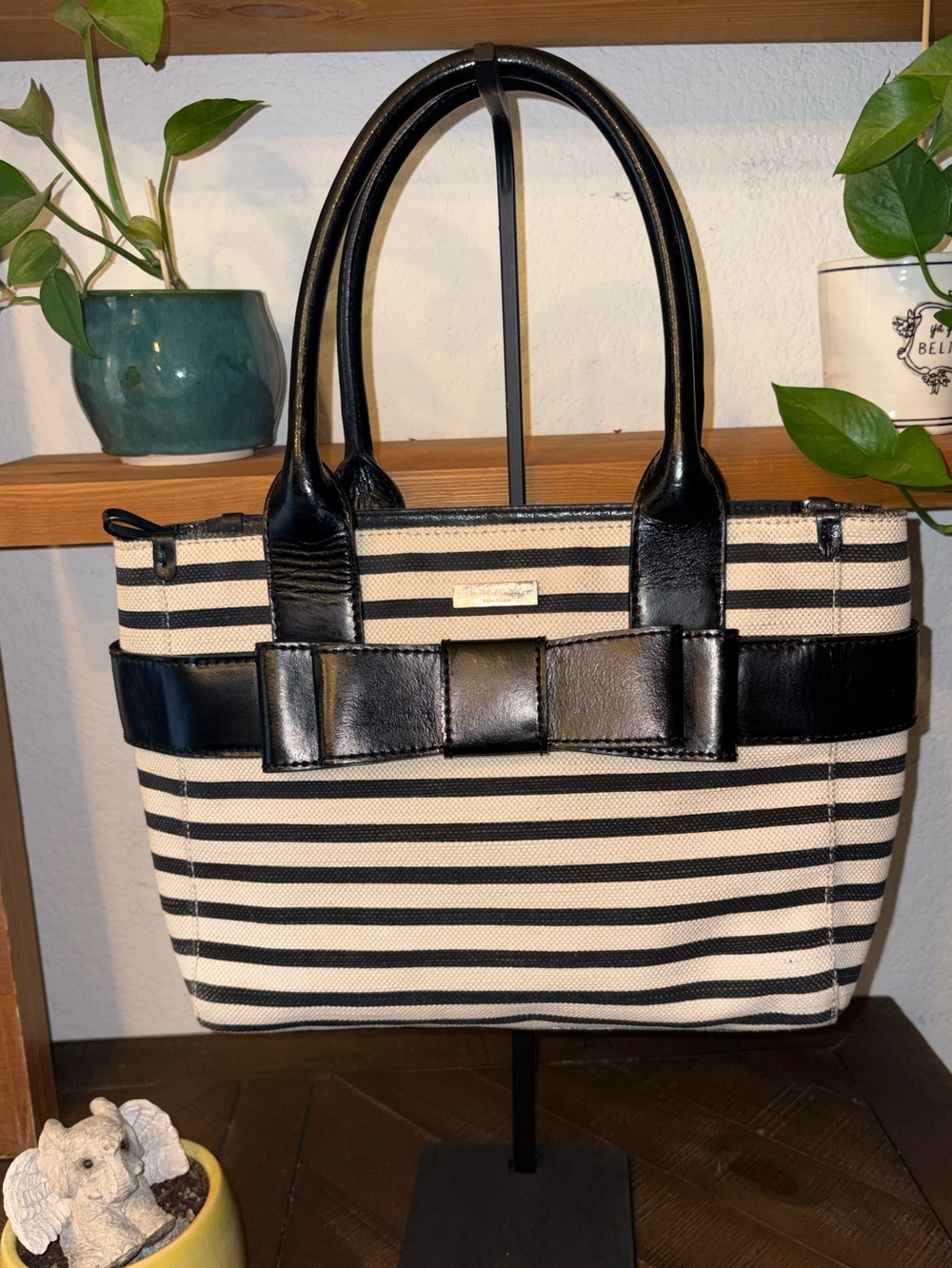 Kate Spade Quinn Villabella Black Cream Striped Canvas Bow Tote